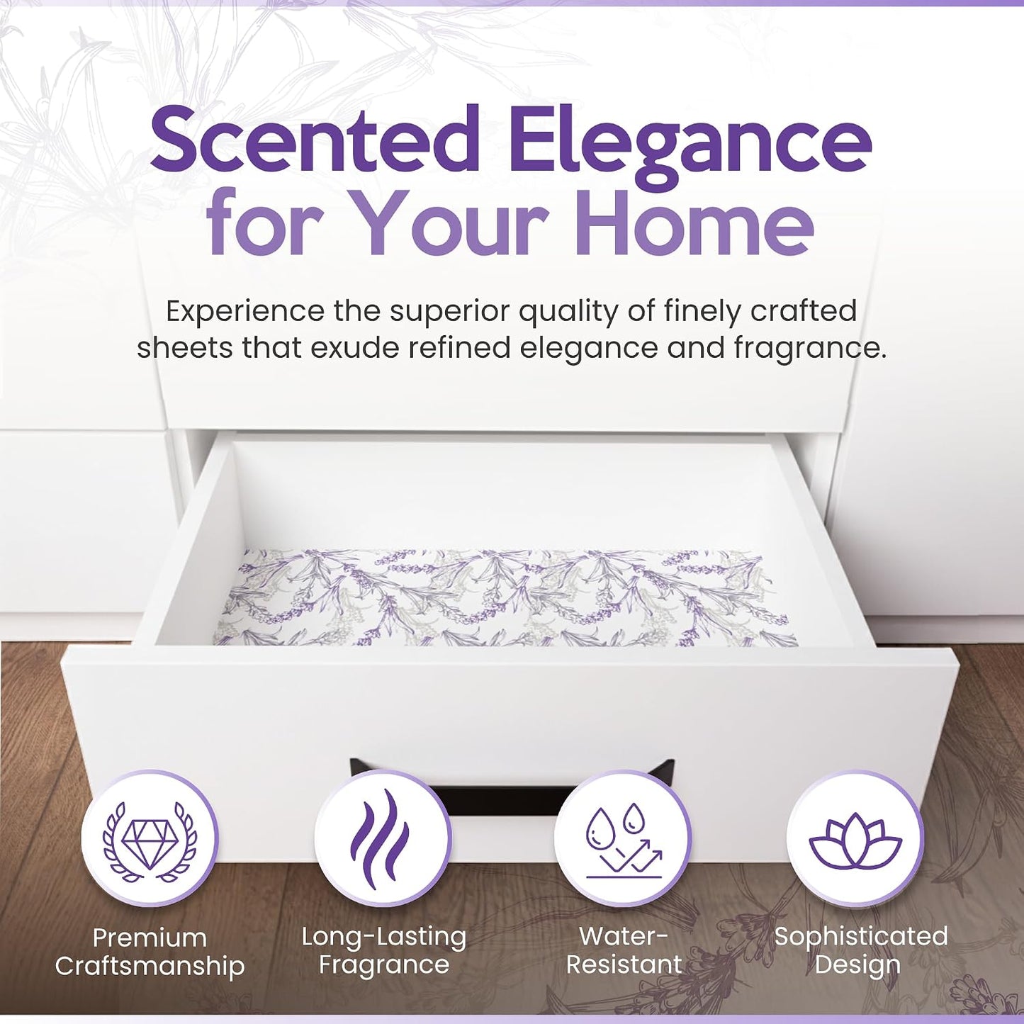 Lavender Scented Drawer Liners for Dresser Drawers (10 Large Sheets, 19.7" x 14.4") - Non Adhesive Drawer Paper Liner for Bedroom Dresser & Closet Shelves by Linda’s Essentials
