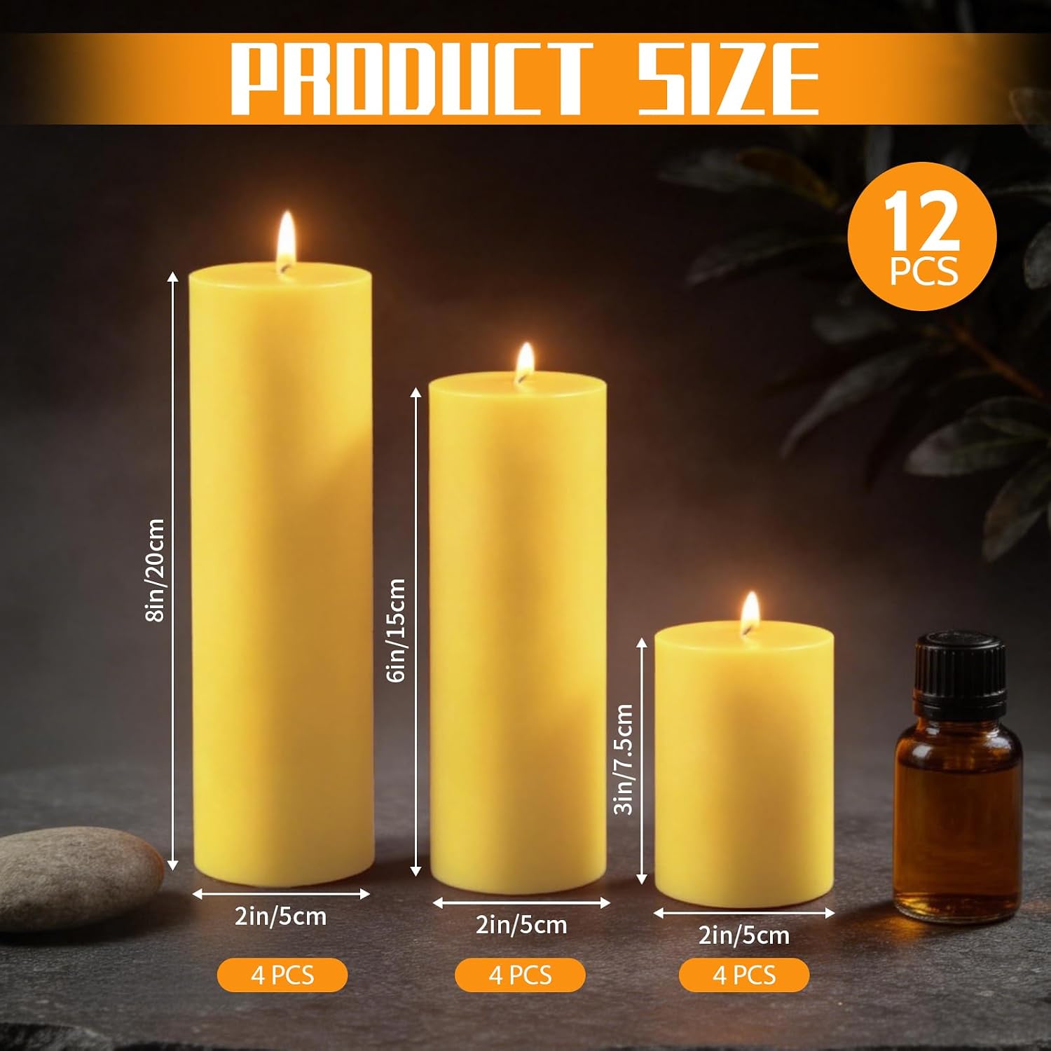 12 Pack Pure Beeswax Pillar Candles, 2x3/6/8 Inch, Natural Mild Honey Scent, Long Burning, Smokeless & Dripless for Home Decor & Prayer