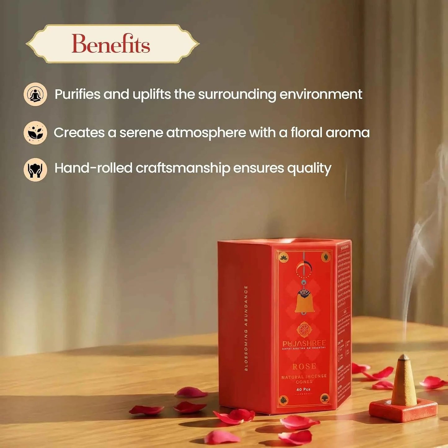 Pujashree Natural Incense Cones, Rose Dhoop Sticks, Incense Dhoop for Pooja & Meditation, Eco-Friendly, Natural Aroma Sticks, 20 min Burn Time Each, Pack of 40 Pcs (2-inch Size)