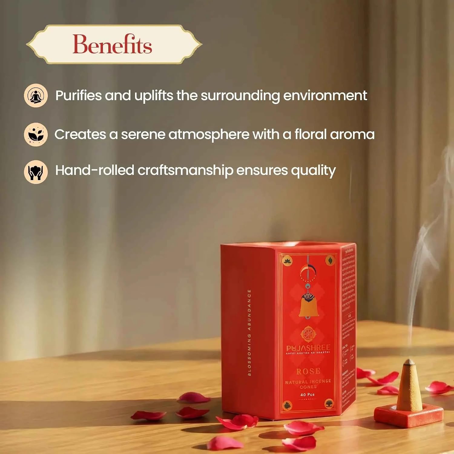 Pujashree Natural Incense Cones, Rose Dhoop Sticks, Incense Dhoop for Pooja & Meditation, Eco-Friendly, Natural Aroma Sticks, 20 min Burn Time Each, Pack of 40 Pcs (2-inch Size)