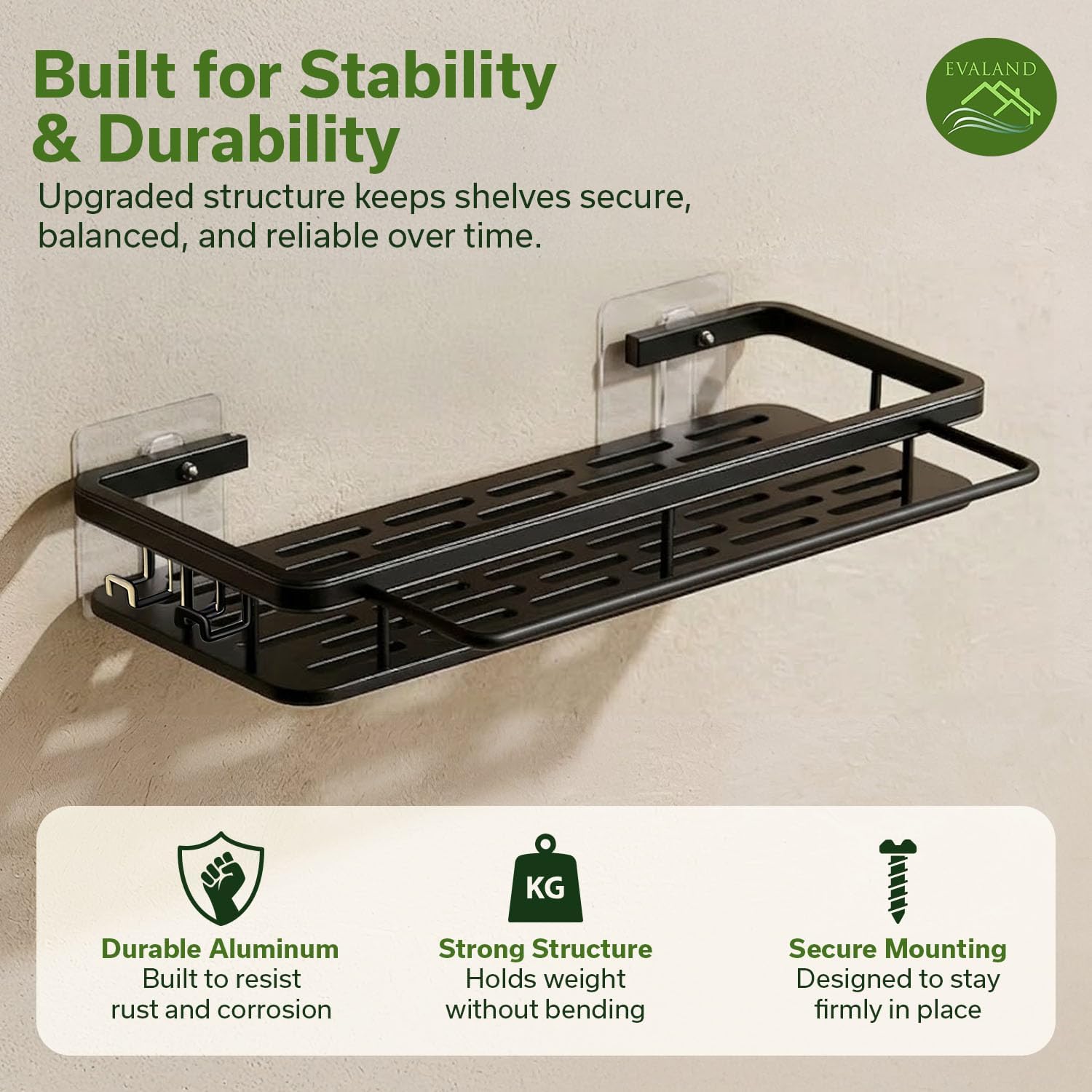 EVALAND Shower Caddy Adhesive 2-Pack with Hooks and Rod for Towels, Black – Premium Bathroom Shower Shelves, Shampoo Organizer, Bathtub Shelf, Rustproof, Easy Installation, Sturdy Modern Look
