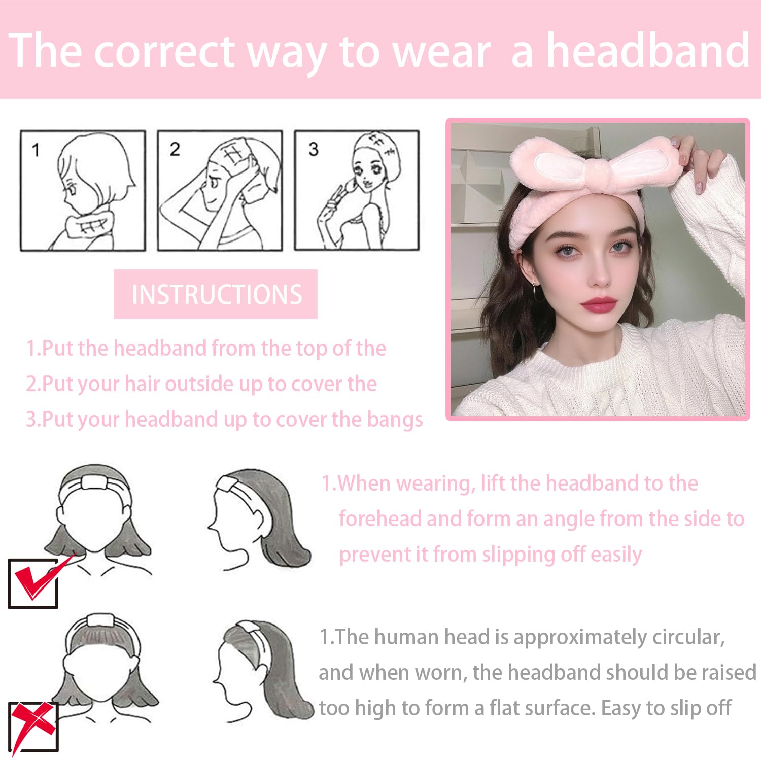 musejoy 2 Pcs Headband Bunny Ears Headband Cute Spa Headbands for Washing Face Skincare Makeup Headbands for Women Girls Trendy Stuff Present Soft Coral Fleece Hair Accessories(Pink+White)