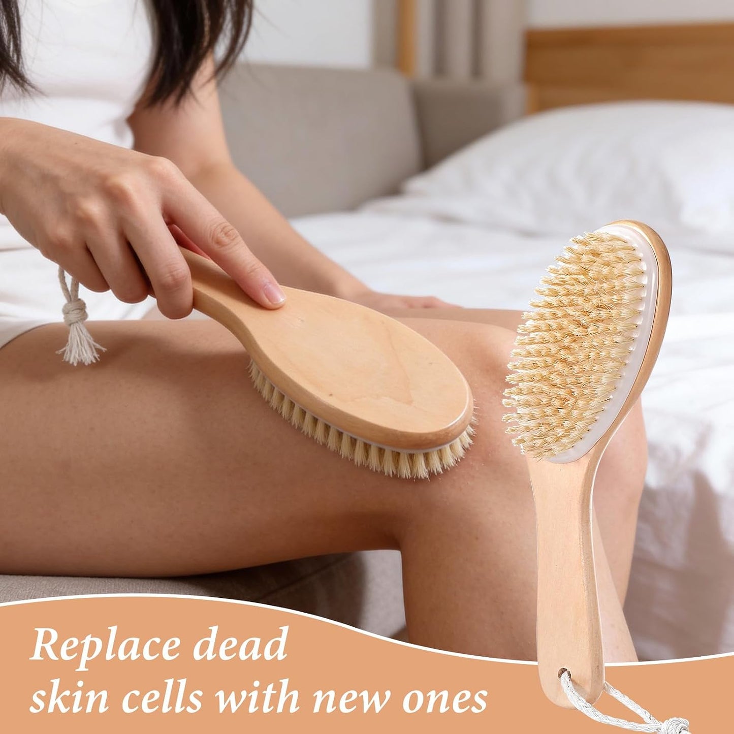 8 Pcs Dry Brushing Body Brush, Body Scrub Brush Natural Boar Bristle with Contoured Wooden Handle for Back Legs Feet Exfoliates Dead Skin
