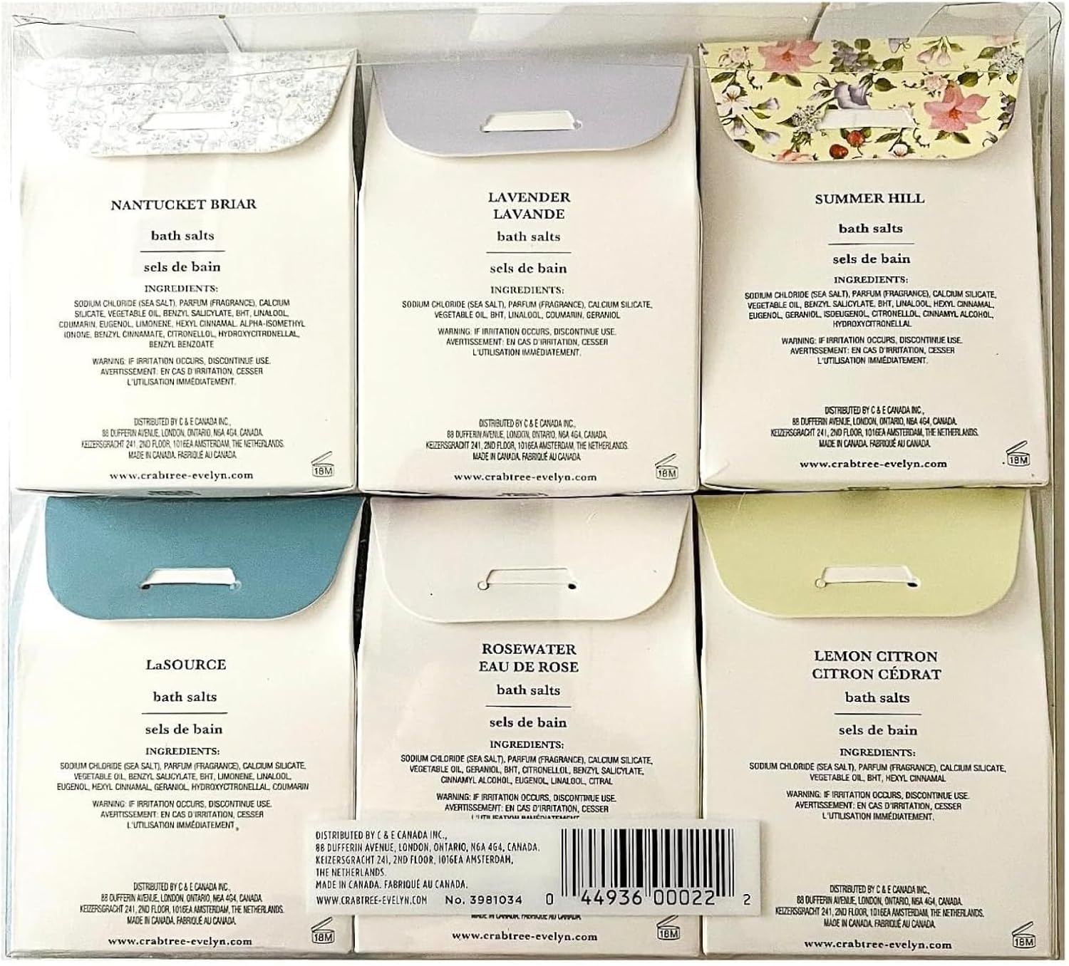 Crabtree & Evelyn Bath Sea Salts Aromatherapy Spa Variety (Summer Hill, Lavender, Nantucket Briar, LaSource, Rosewater, Lemon Citron) 6 X 3.5 oz