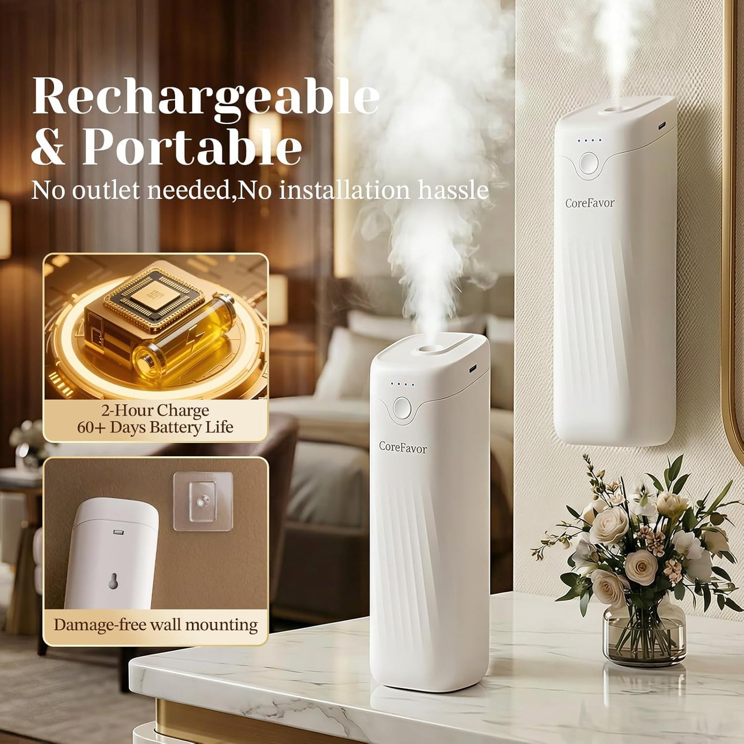 Waterless Essential Oil Diffuser (M60) with 2x120ml Oil, Portable Battery-Operated Cold Air Aroma Scent Machine, 4 Adjustable Intensity Levels, Quiet Diffuser for Bedroom Office Bathroom Car