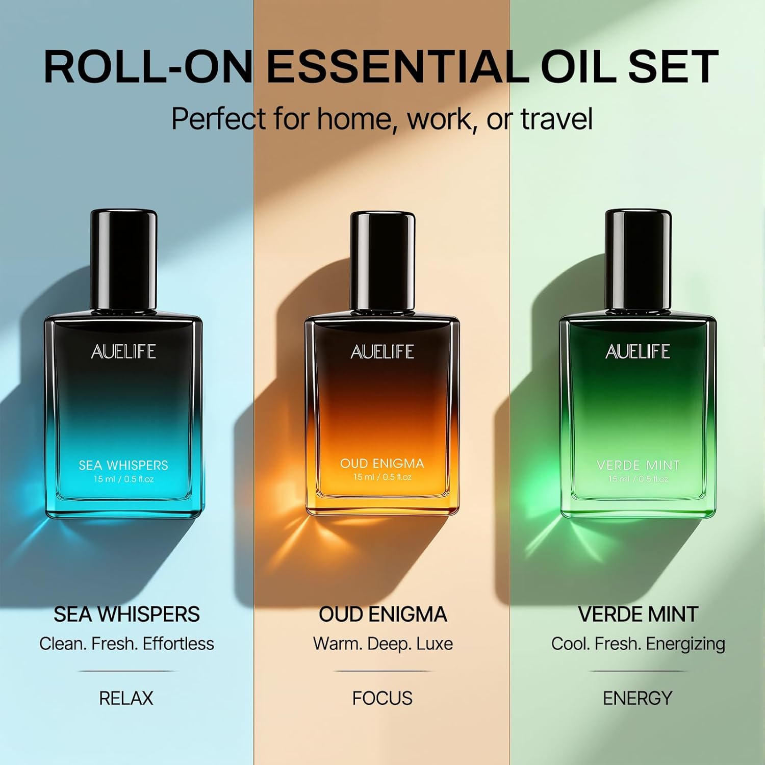 3 x 15ml Essential Oil Roll-On Set, Self Care Relaxing Aromatherapy Gifts for Men, Portable Travel Essential Oils Roller Set for Father's Day & Birthday Gift, Roll Oil for Skin(Relax, Calm, Refresh)