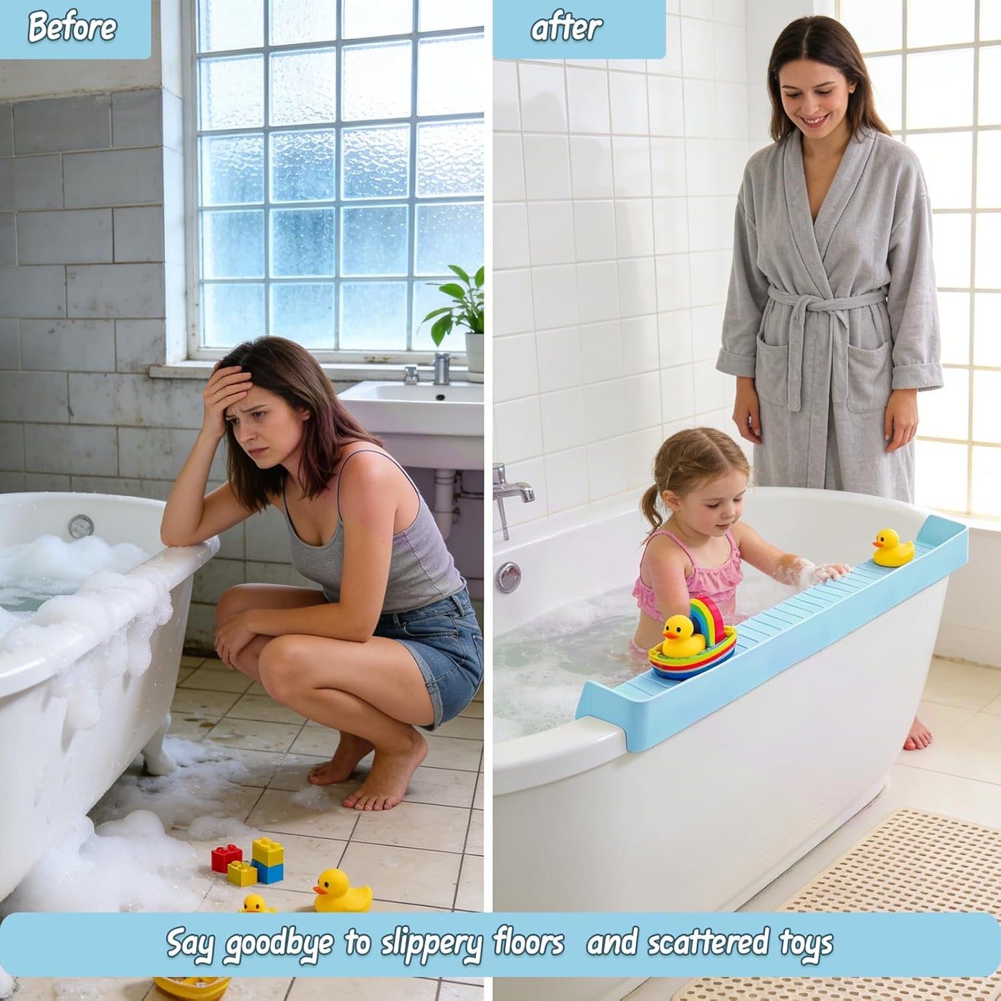 Bathtub Splash Guard for tub Kids& Bath Shelf for Kids – Toddler Bath Tray, Bath Toys Storage & Ledge Organizer – Splash Guard for Bathtub with Suction Cups – Kids Bathroom Accessories(2.6FT, Blue)