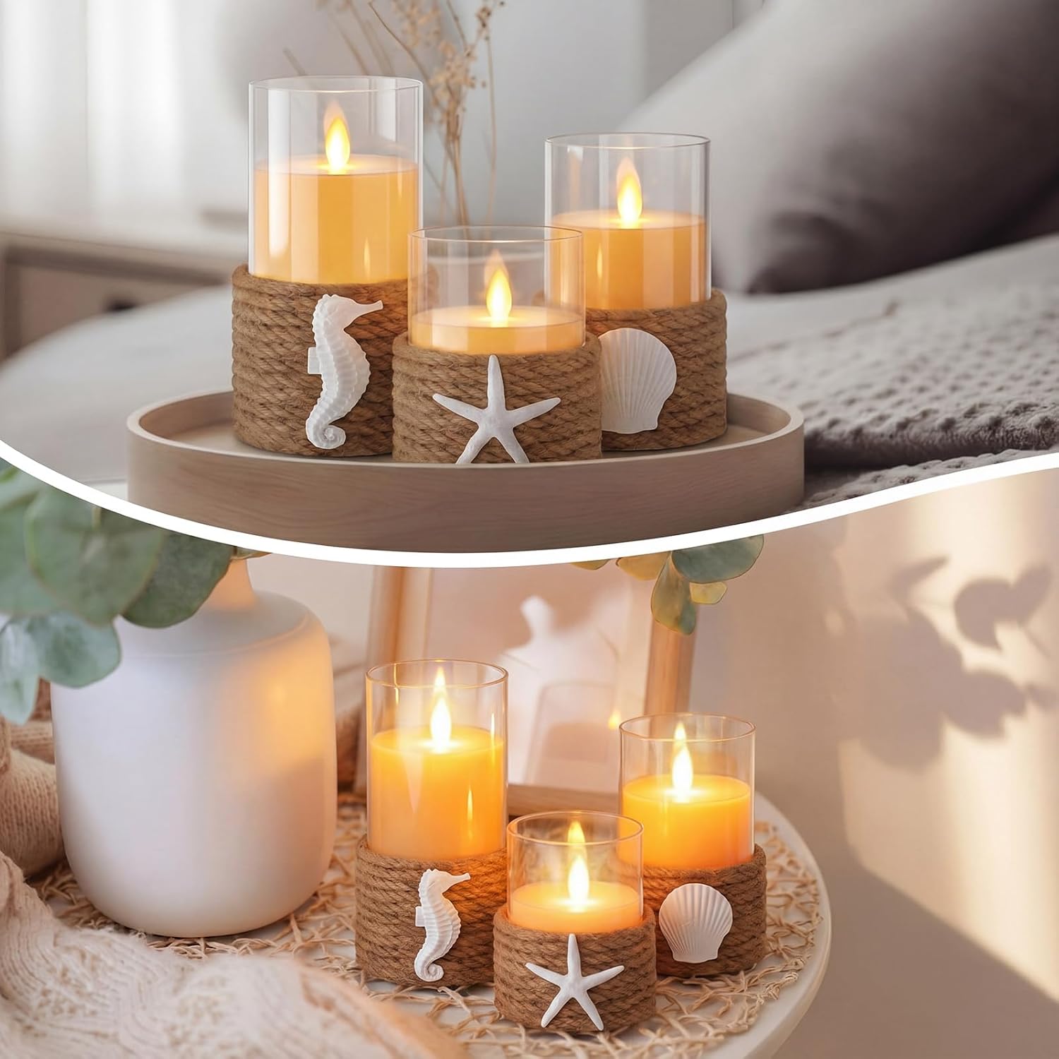 Baquler 3 Pcs Beach Starfish Flameless Plastic LED Battery Candle with Rope Farmhouse Nautical Gradient Candle Seashell Seahorse Decorative Candlestick for Coastal Wedding Party Table Centerpieces