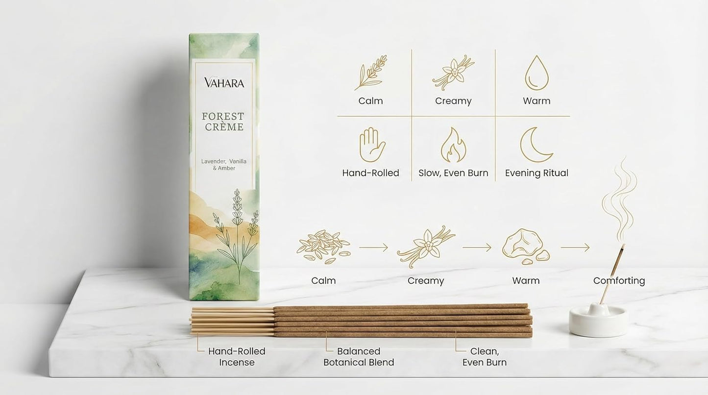 Masala Incense Sticks Forest Crème 100g Natural Hand Rolled Masala Incense with Lavender Vanilla and Amber Fragrance Notes for Meditation Relaxation and Home Fragrance
