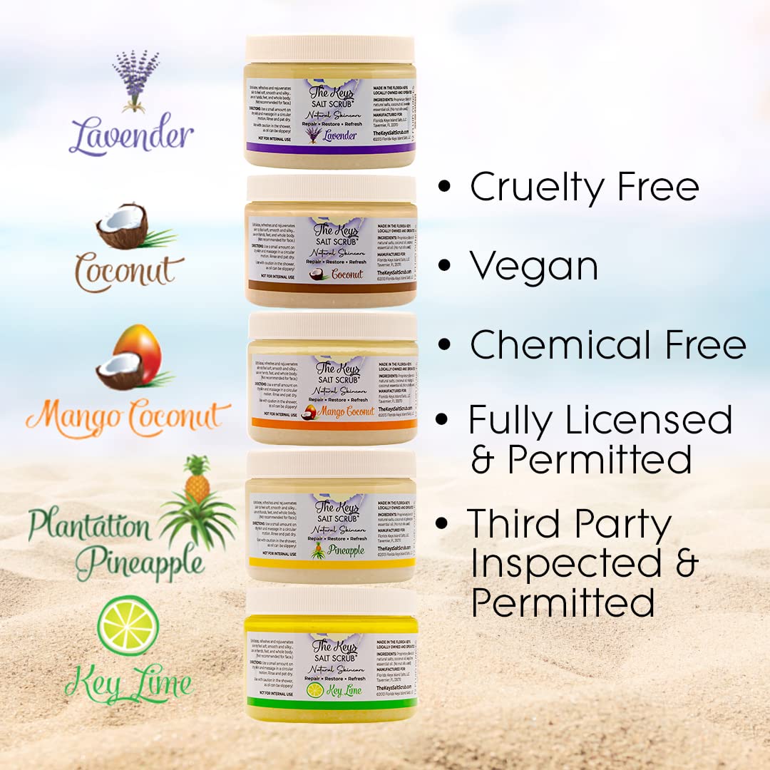 The Keys Salt Scrub - Lavender Sea Salt Scrub - Exfoliating Body Scrub with Wooden Spoon - Moisturizing Exfoliator for Face, Hands, Foot, Bath, Manicure & Pedicure, and Bikini Area Skin Care (3.4 oz.)