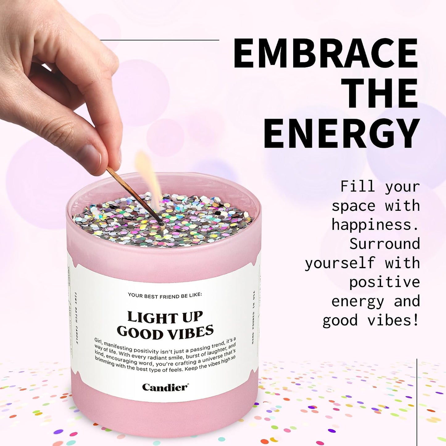 Light Up Good Vibes Candle, Scented Soy Candle with 60+ Hours Burn Time, Vegan-Friendly Pink Candle for Any Occasion, Candles for Women & Men - Candier