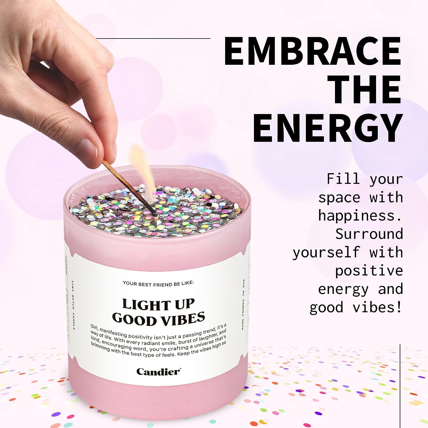 Light Up Good Vibes Candle, Scented Soy Candle with 60+ Hours Burn Time, Vegan-Friendly Pink Candle for Any Occasion, Candles for Women & Men - Candier