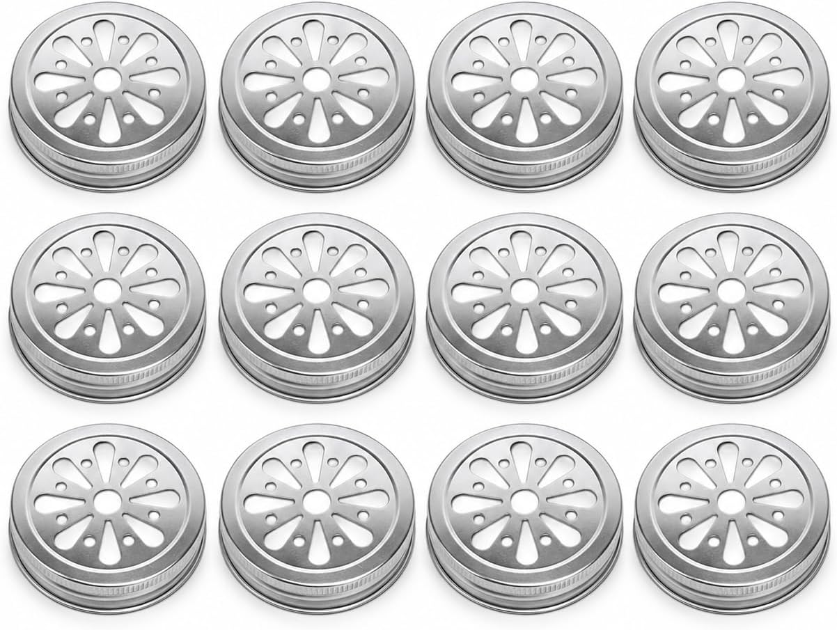 Sunshine Mason Co. Daisy Flower Cut Vintage Farmhouse Mason Jar Lids 12 Pieces, Silver
