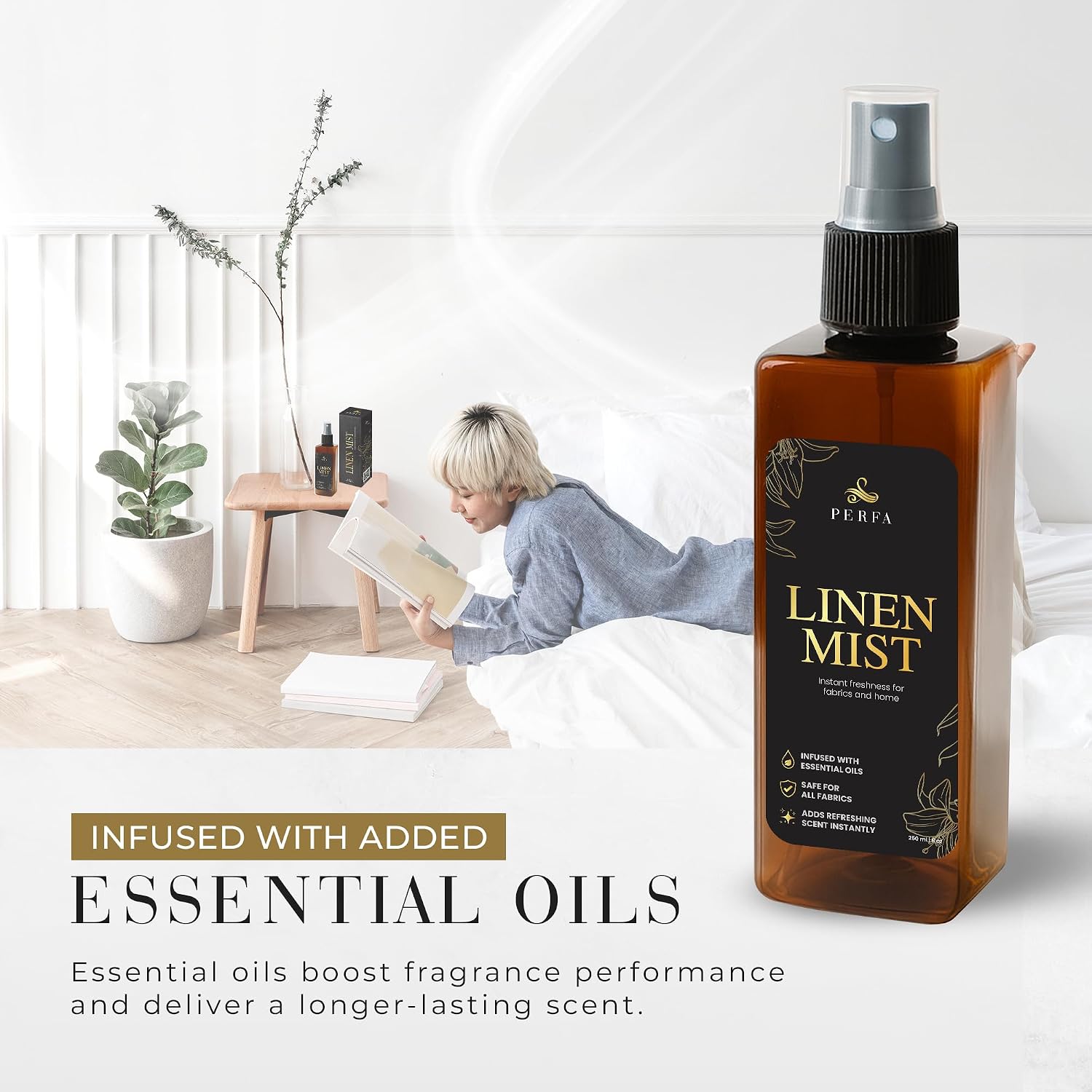 Room and Linen Spray - 250ml Long Lasting Fabric Refresher Spray for Bedding, Laundry, Pillow, Sheets and Curtains with Odor Eliminator Formula - Room Freshener Spray for Hotel & Home by Perfa