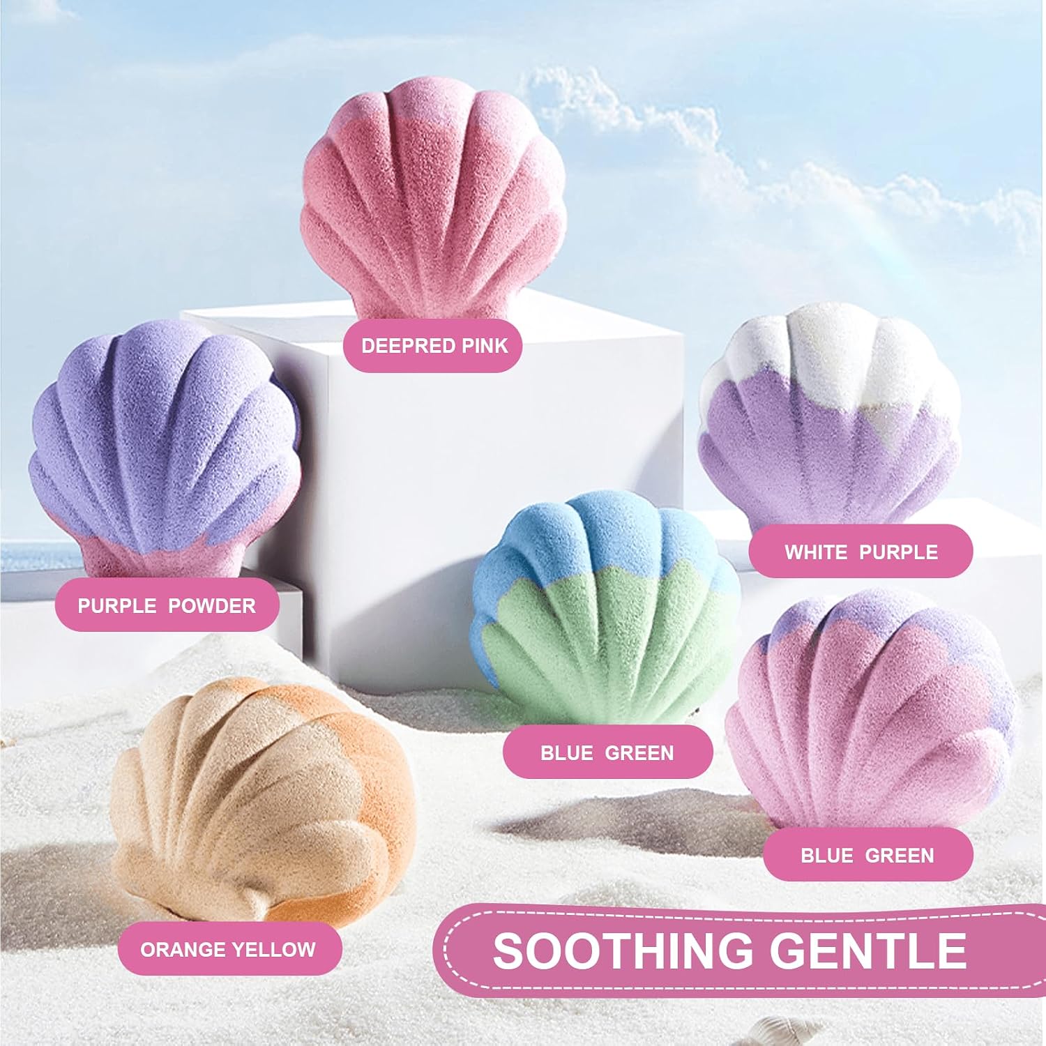 6-Pack Dual-Tone Seashell Bath Bombs for Women - Relaxing Scents Gift Set (Lavender, Rose, Orange Blossom) for Skin-Softening Aromatherapy Bath
