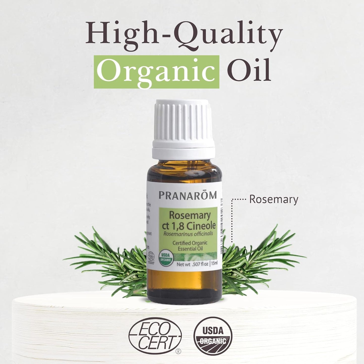 Pranarom USDA Certified Organic Rosemary Cineole Essential Oil (15ml), 100% Pure Undiluted Therapeutic Grade from Tunisia for Aromatherapy, Diffuser, Meditation, Massage, Relaxation
