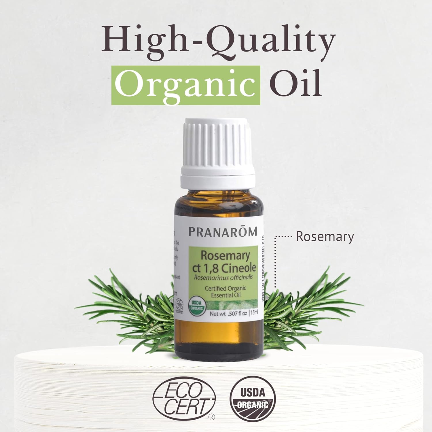 Pranarom USDA Certified Organic Rosemary Cineole Essential Oil (15ml), 100% Pure Undiluted Therapeutic Grade from Tunisia for Aromatherapy, Diffuser, Meditation, Massage, Relaxation