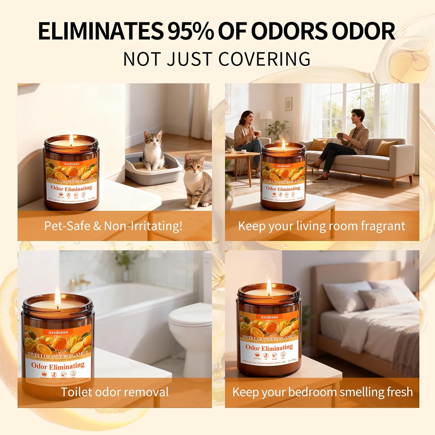 Sweet Orange Bergamot Odor Eliminating Candle | Eliminates 95% of Pet, Smoke, Food & Other Smells – Fresh Air Scented Candle Gentle for Family - Up to 50 Hour Burn time - 7 Oz Natural Soy Wax