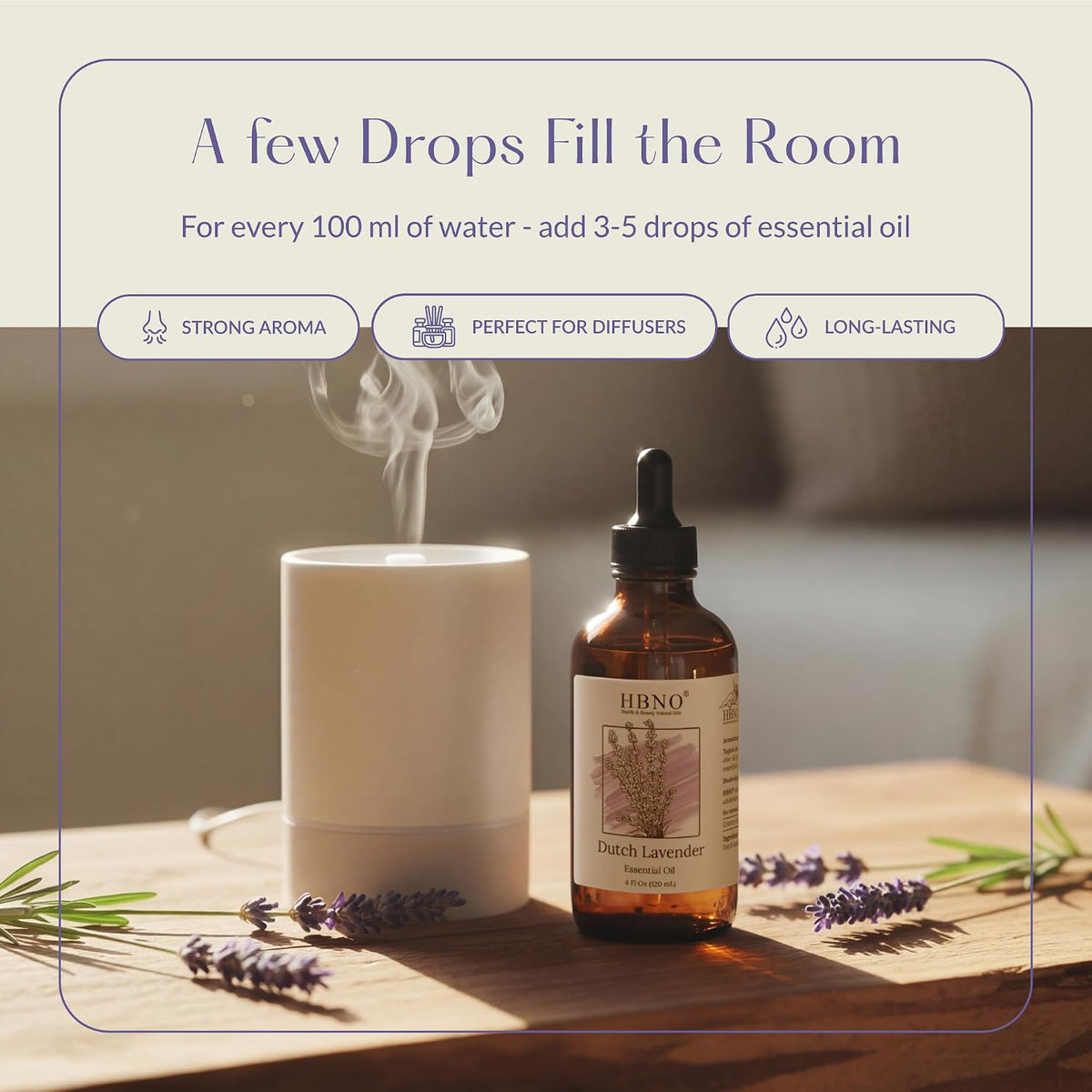 HBNO California Bottled Dutch Lavender Essential Oil 4 fl oz (120ml) - Natural Lavender Oil for Skin