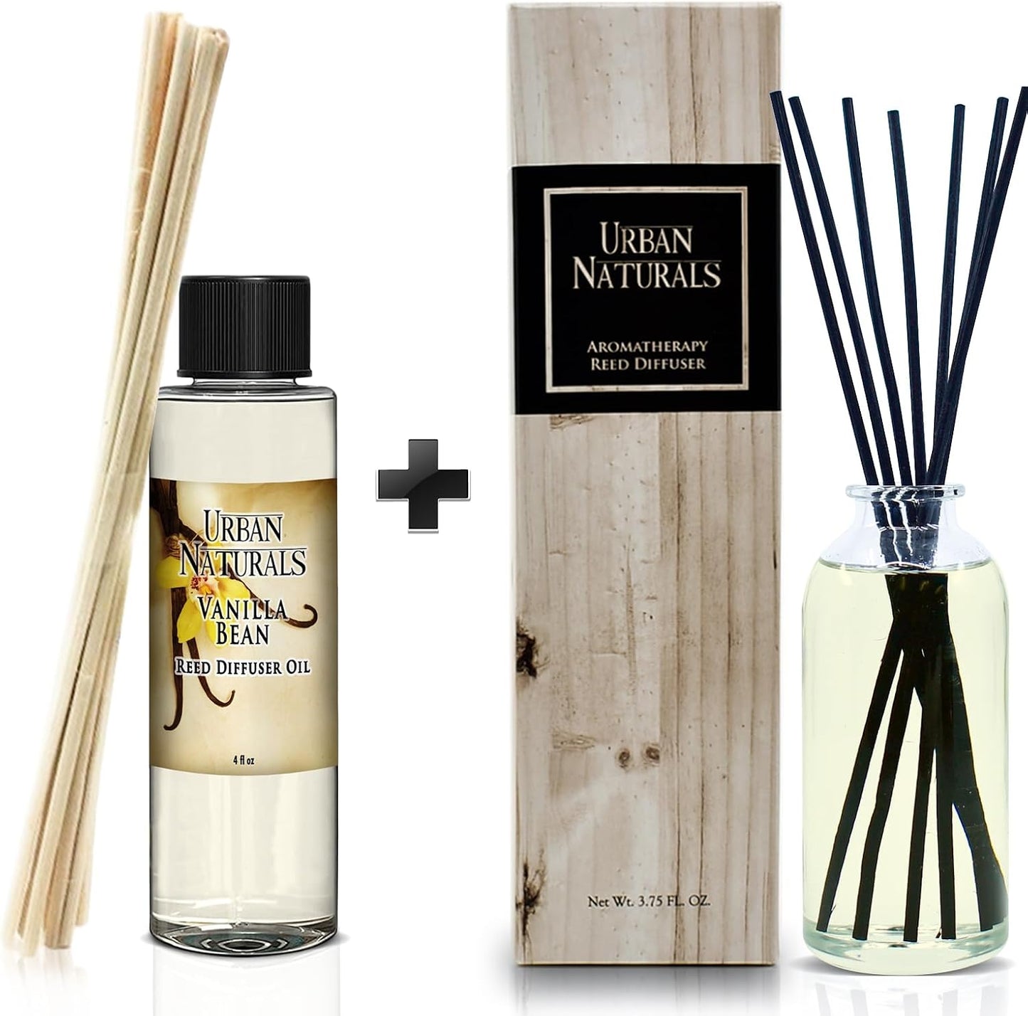Urban Naturals Vanilla Bean Reed Diffuser Refill, 4 oz, Bundle with Vanilla Bean Reed Diffuser Set - Made with Essential Oils in the USA