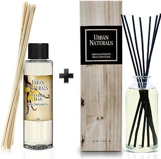 Urban Naturals Vanilla Bean Reed Diffuser Refill, 4 oz, Bundle with Vanilla Bean Reed Diffuser Set - Made with Essential Oils in the USA
