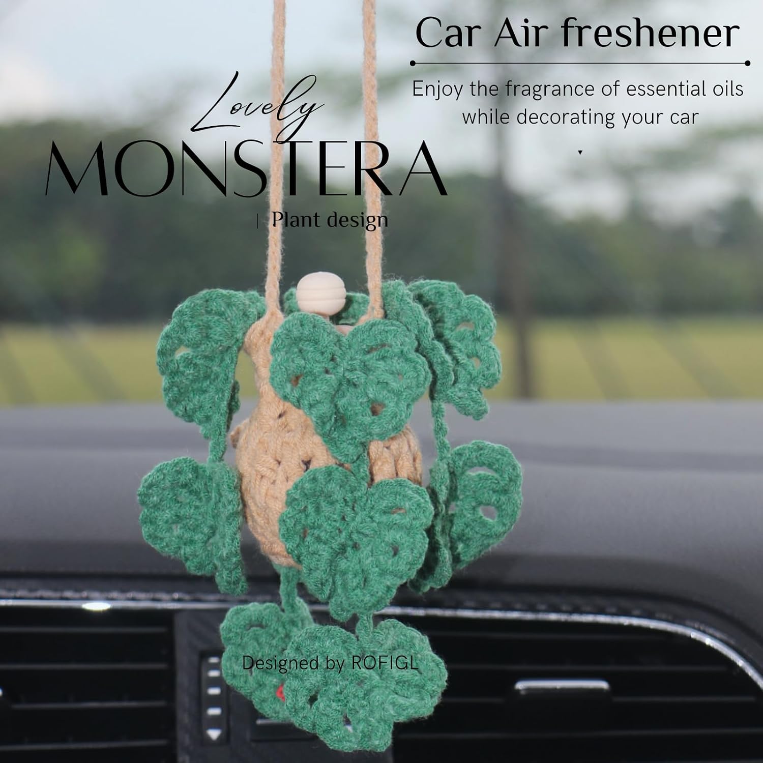 Cute Crochet Car Plant Monstera Essential Oil Diffuser Bottle - 12ml Refillable, Green Car Accessory for Mirror Decor and Home Decor
