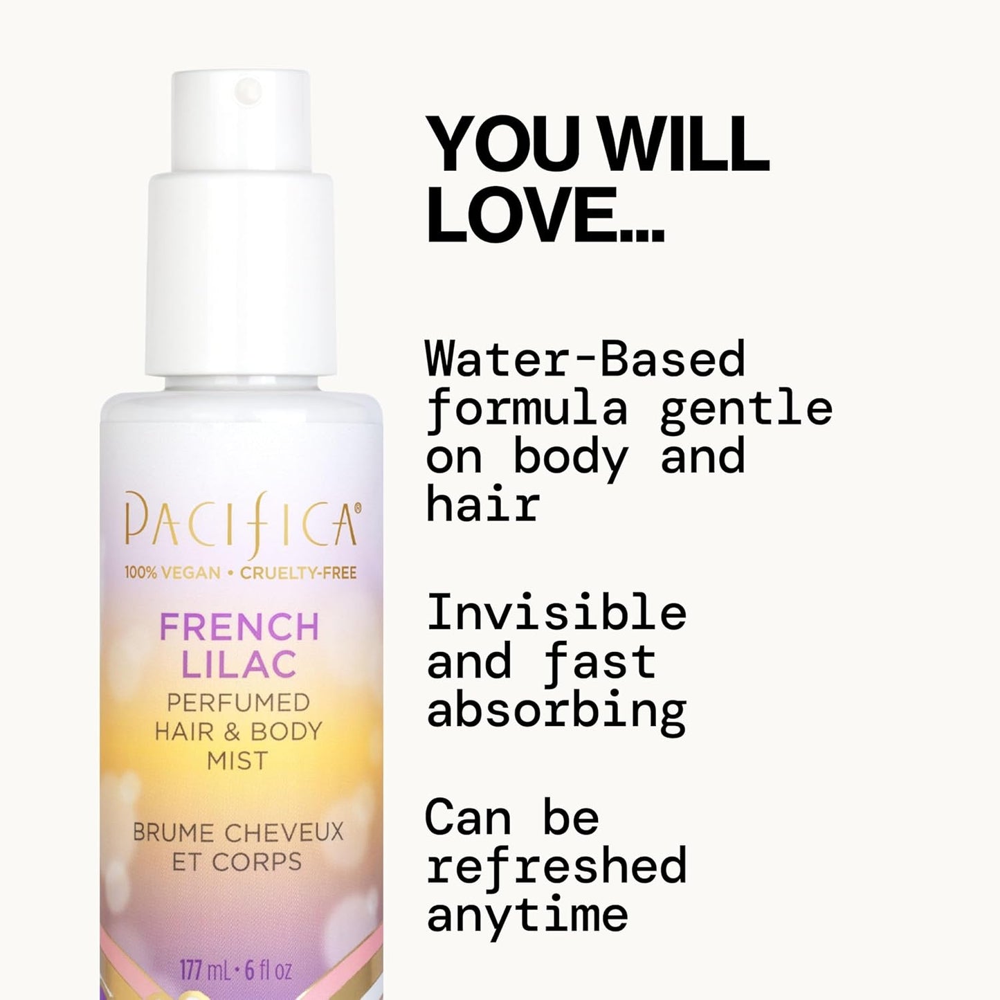 Pacifica French Lilac Hair & Body Mist – Clean Vegan Floral Hair Perfume Spray for Women, Fresh-Cut Lilac, Magnolia & Heliotrope Notes, Alcohol-Free Head-to-Toe Fragrance, Cruelty-Free, 6 Fl Oz