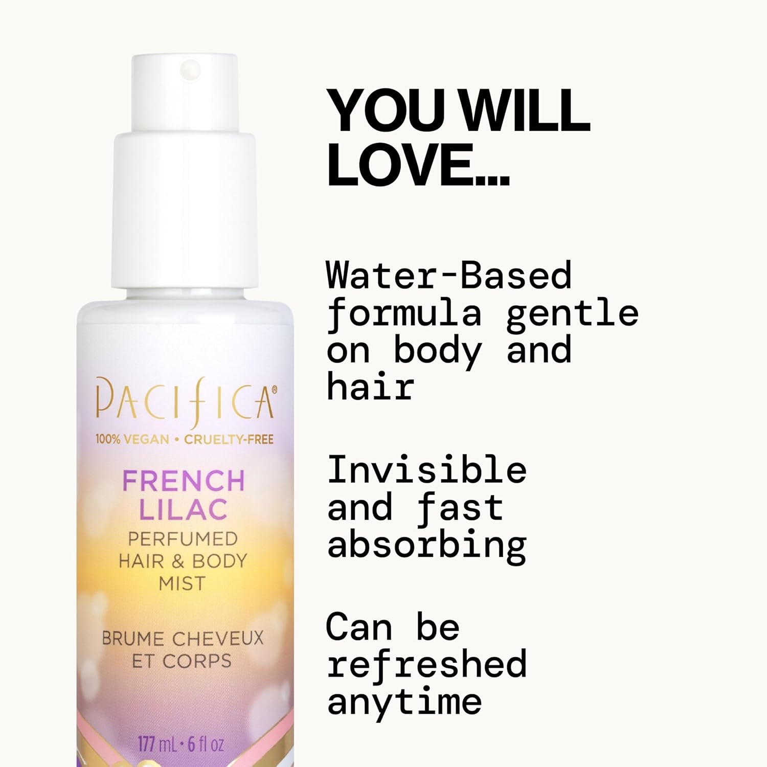 Pacifica French Lilac Hair & Body Mist – Clean Vegan Floral Hair Perfume Spray for Women, Fresh-Cut Lilac, Magnolia & Heliotrope Notes, Alcohol-Free Head-to-Toe Fragrance, Cruelty-Free, 6 Fl Oz