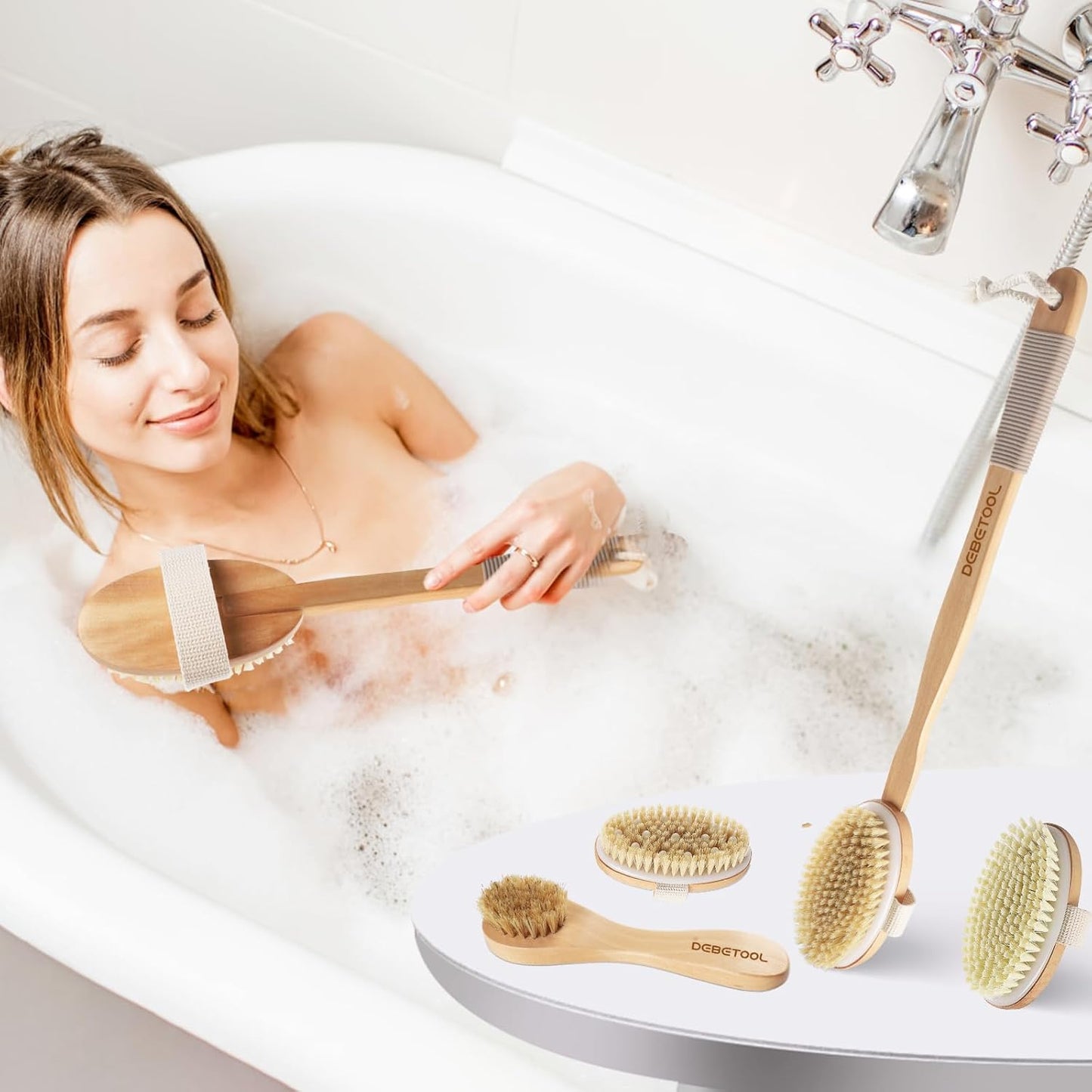 DEBETOOL Dry Brushing Set - Natural Boar Bristle Body & Face Brush, Wooden Long Handle Scrub Brush for Cellulite & Lymphatic Drainage Body Care, Detachable, 3 Brush Heads