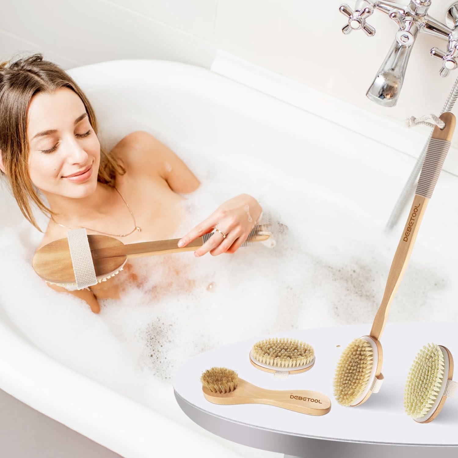 DEBETOOL Dry Brushing Set - Natural Boar Bristle Body & Face Brush, Wooden Long Handle Scrub Brush for Cellulite & Lymphatic Drainage Body Care, Detachable, 3 Brush Heads