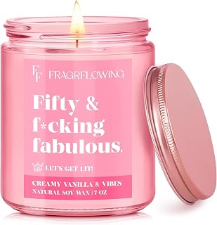 50th Birthday Candle Gifts for Women - Fifty & Fabulous! Creamy Vanilla & Natural Soy Wax Candle, Pink Jar Funny Gifts for Daughter, Sister, Best Friend or Wife Birthday Decorations