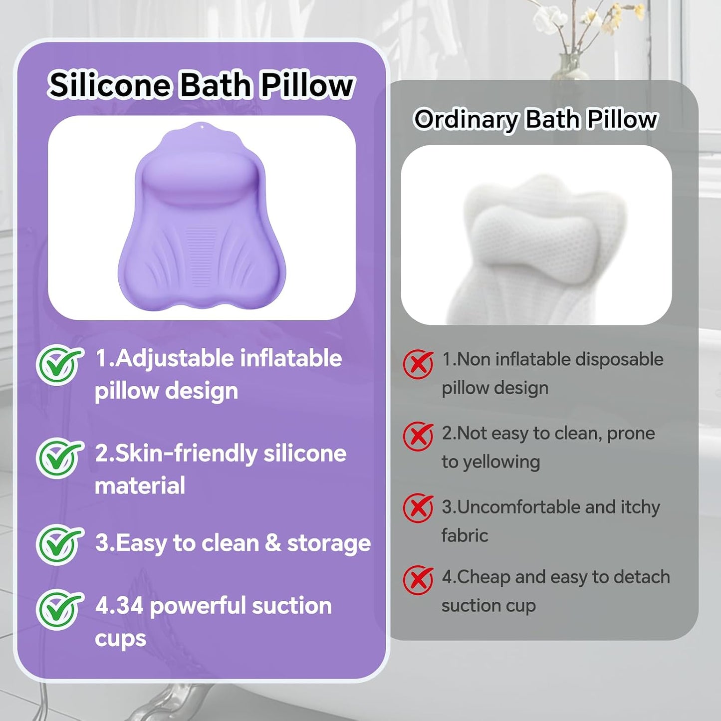 Luxury Silicone Bath Pillow for Tub, New Cloud-Soft 4D Air-Cushion Bathtub Pillow for Head and Neck & Back Support, Strong Suction Cups, Waterproof Quick-Dry Bathtub Headrest (Purple)