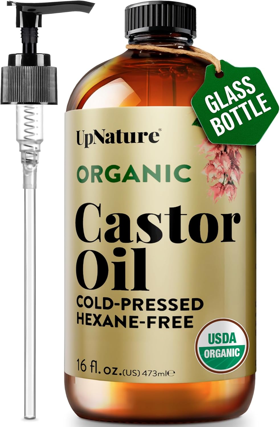 UpNature Organic Castor Oil Cold Pressed Glass Bottle 16oz - 100% Pure USDA Certified, Hexane Free - For Face, Hair & Skin