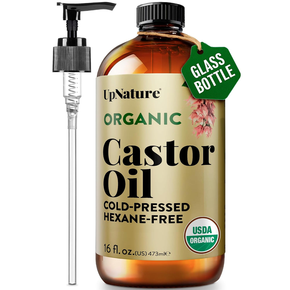 UpNature Organic Castor Oil Cold Pressed Glass Bottle 16oz - 100% Pure USDA Certified