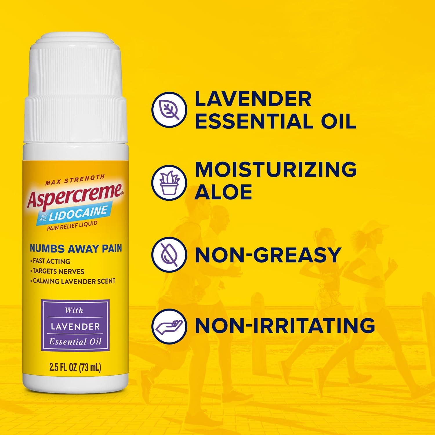 Aspercreme Essential Oils Lidocaine Pain Relief with No-Mess Roll-On Applicator, Max-Strength Lidocaine Numbs Away Nerve Pain, Moisturizing Aloe Hydrates Skin, Lavender, 2.5 Oz.