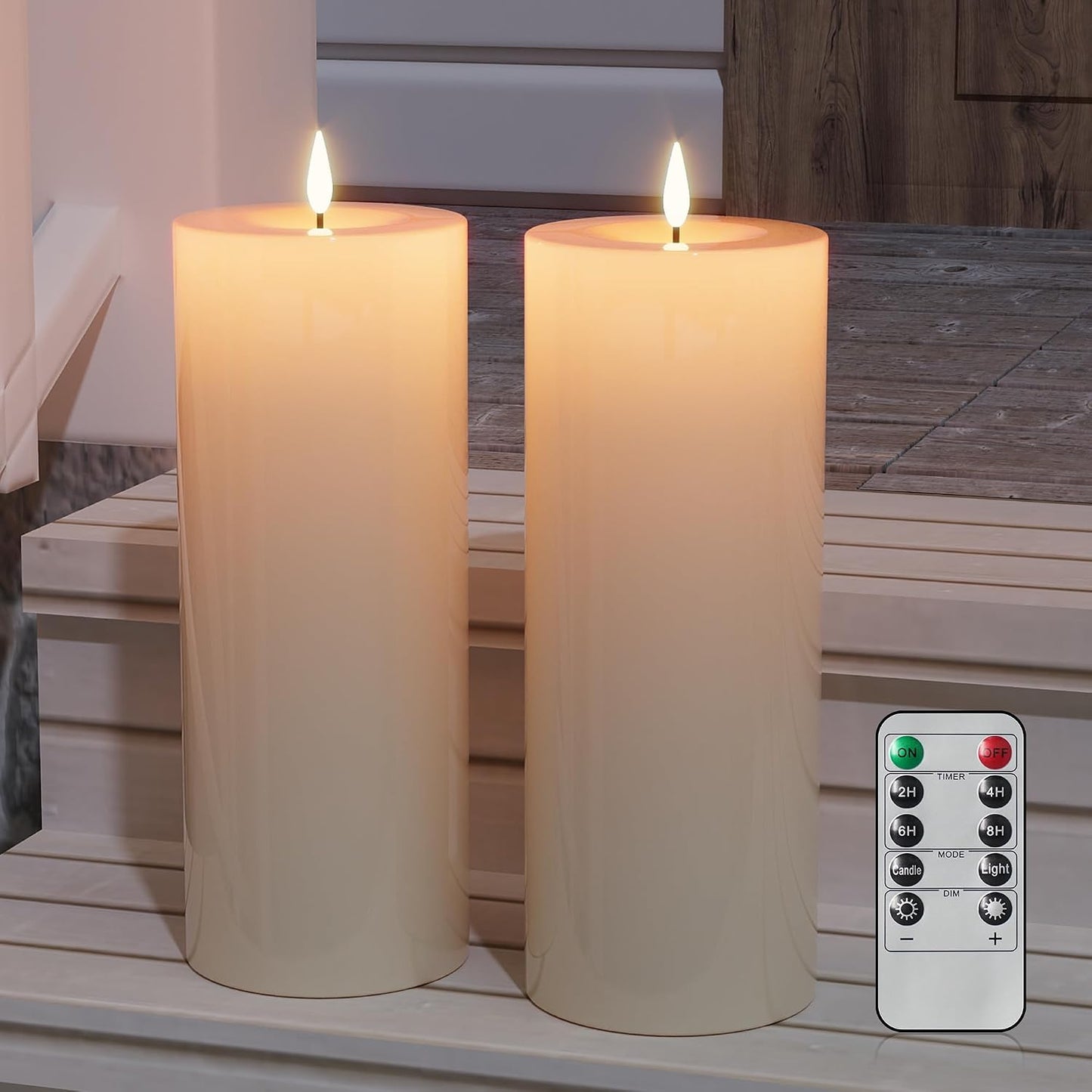 Patiphan 10" x 4" Large Outdoor Candles with Timer Waterproof Flickering Flameless Candles Battery Operated with Remote LED Fake Pillar Candles Realistic for Patio Larterns Porch, Ivory White 2 Pack