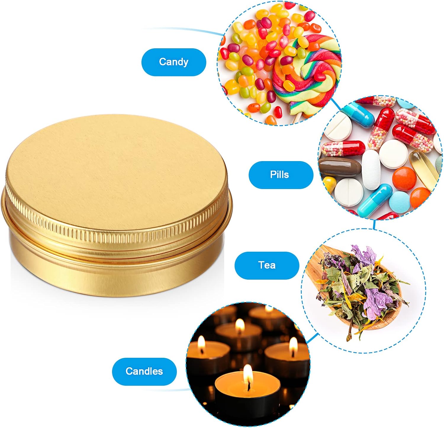 Patelai 2 oz Gold Metal Round Tins Aluminum Tin Cans Salve Tins Containers with Screw Lid 10 Sheets Stickers for Salve Spice Candies Balms Candles, 36 Pack (Classic Style)