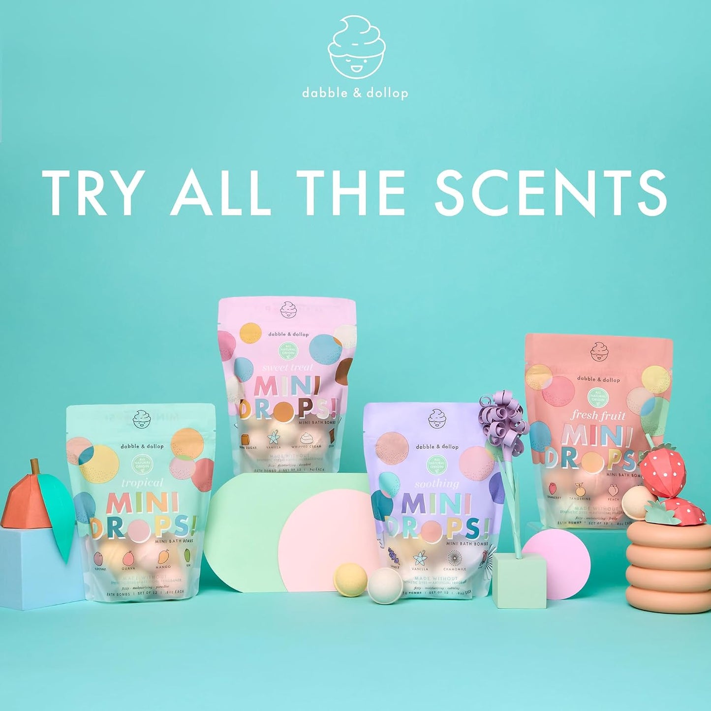 Dabble & Dollop Mini Bath Bombs, Soothing Scents - Natural Origin, Mixable Scents, Clean Ingredients, No Synthetic Dyes, Toddler & Kids Bath Bombs in Resealable Pouches (Set of 24)