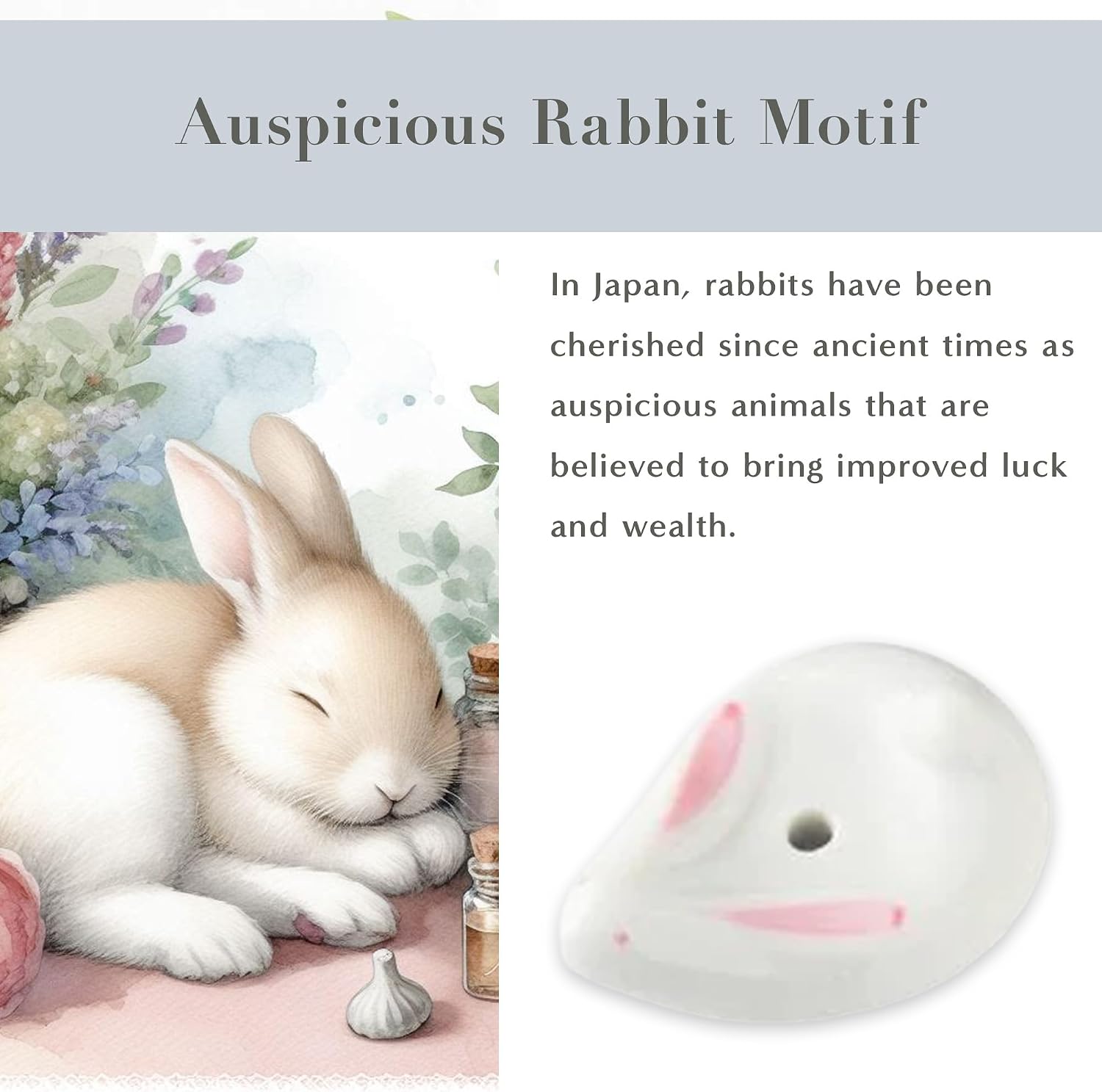 Hasegawa Rabbit Series: Serene Meadow Incense Set - Cedarwood, Oakmoss & Musk - 15 Sticks with Rabbit Stone Holder (15-17 Min Burn Time Each) うさぎスティックセットしずか