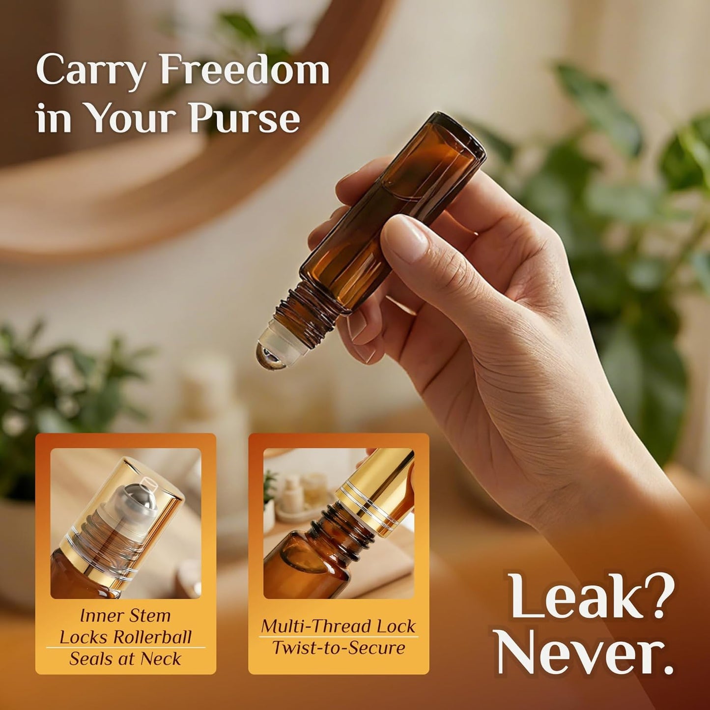 PrettyCare 4 Pack Amber Glass Oil Roller Bottles for Essential Oils 10ml, Roll On Bottles with Stainless Steel Roller Ball Leak-Proof Perfume Travel Refillable Bottle Empty, Beauty & Personal Care