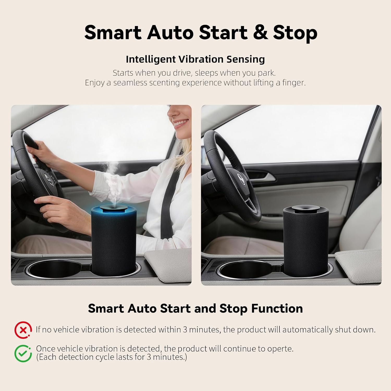 Waterless Essential Oil Diffuser for Home & Car,Fabric Covered with Ambient Light,2-in-1 Modes & Adjustable Mist Output,Cordless Portable Scent Machine with Auto Start-Stop,Fits 5/10/15ml