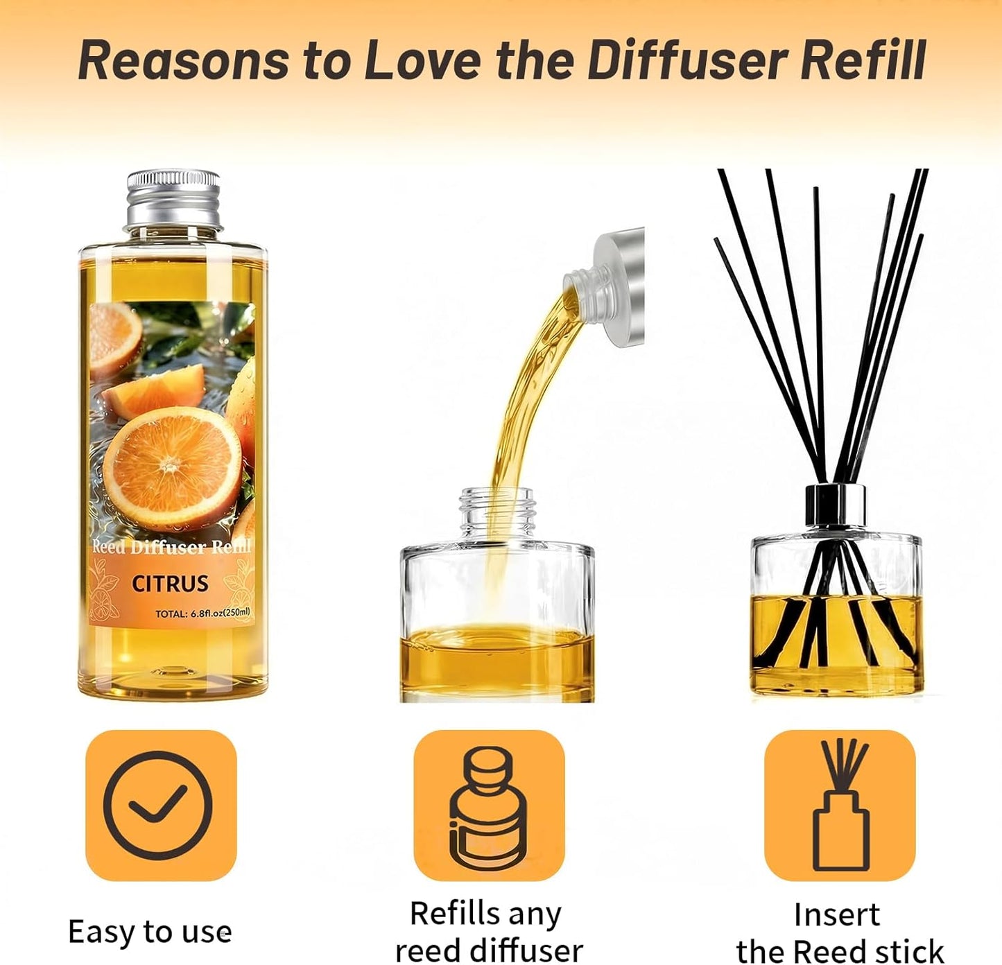 STRN Reed Diffuser Oil Refill, Citrus Scented Diffuser Oil Refills with 6 Reed Sticks 200ML(6.8fl.oz), Room Fresheners for Home, Long-Lasting Summer Fragrance for Living Room, Bedroom, Office