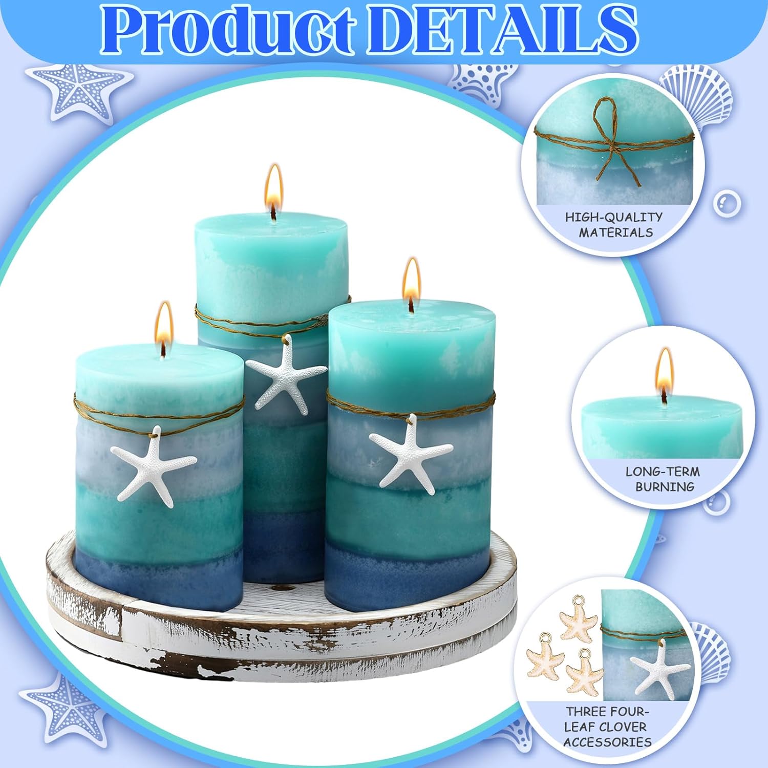 Threlaco Set of 3 Ocean Pillar Candles with Starfish Decorative Blue Pillar Layered Candles Clean Long Lasting with Ornaments for Summer Home Party Room Decor 3 Sizes