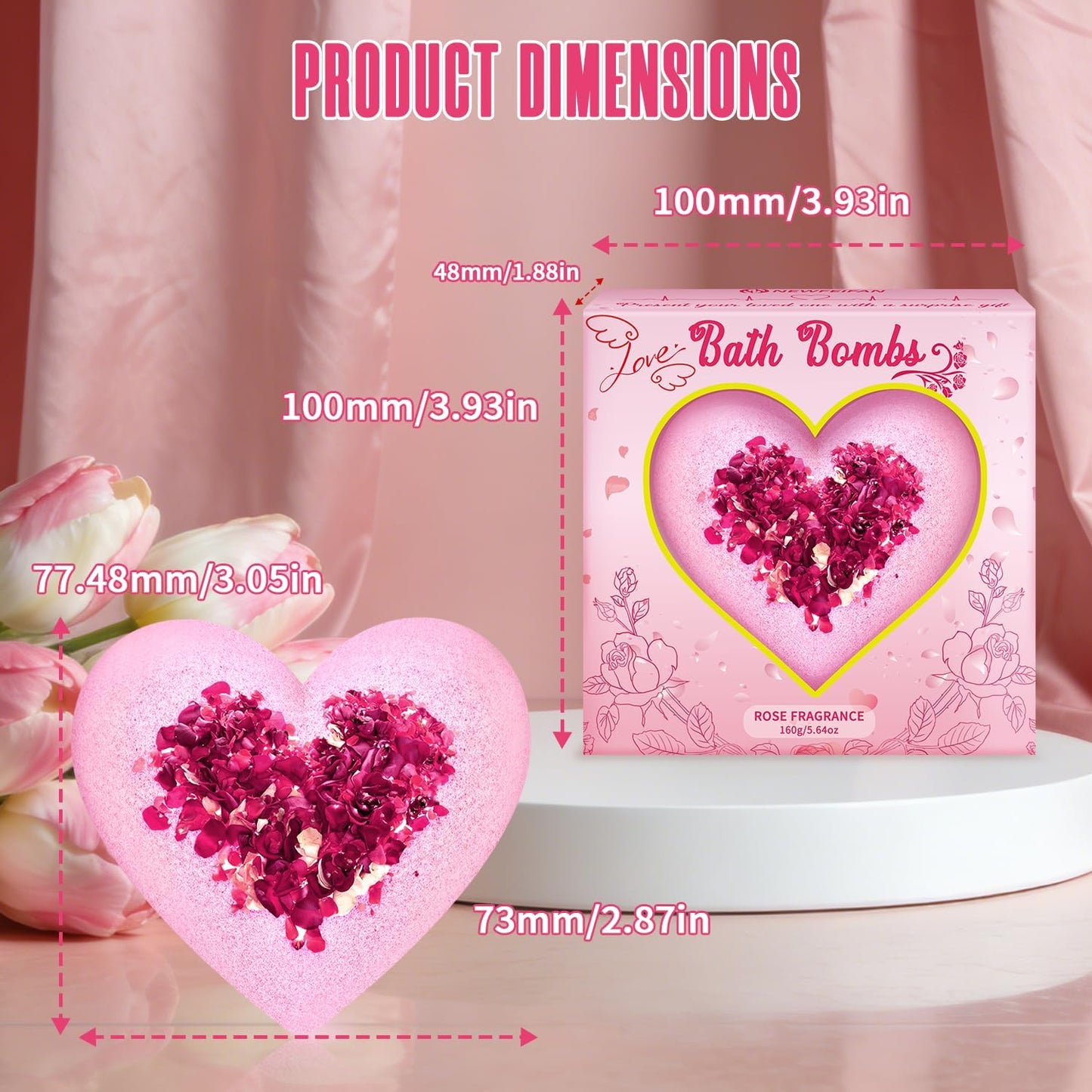Rose Bath Bombs for Women, XXL Gifts for Mom, Organic Heart Shaped Handmade Rose Essential Oil, Pink Teacher Appreciation Gifts for Wife Daughter Girlfriend Coworkers