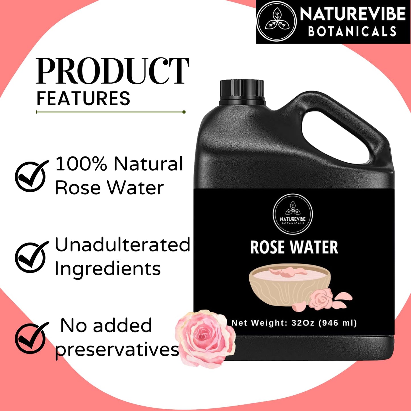 Naturevibe Botanicals Premium Rose Water 32oz and Fractionated Coconut Oil 32oz | Oil Combo.