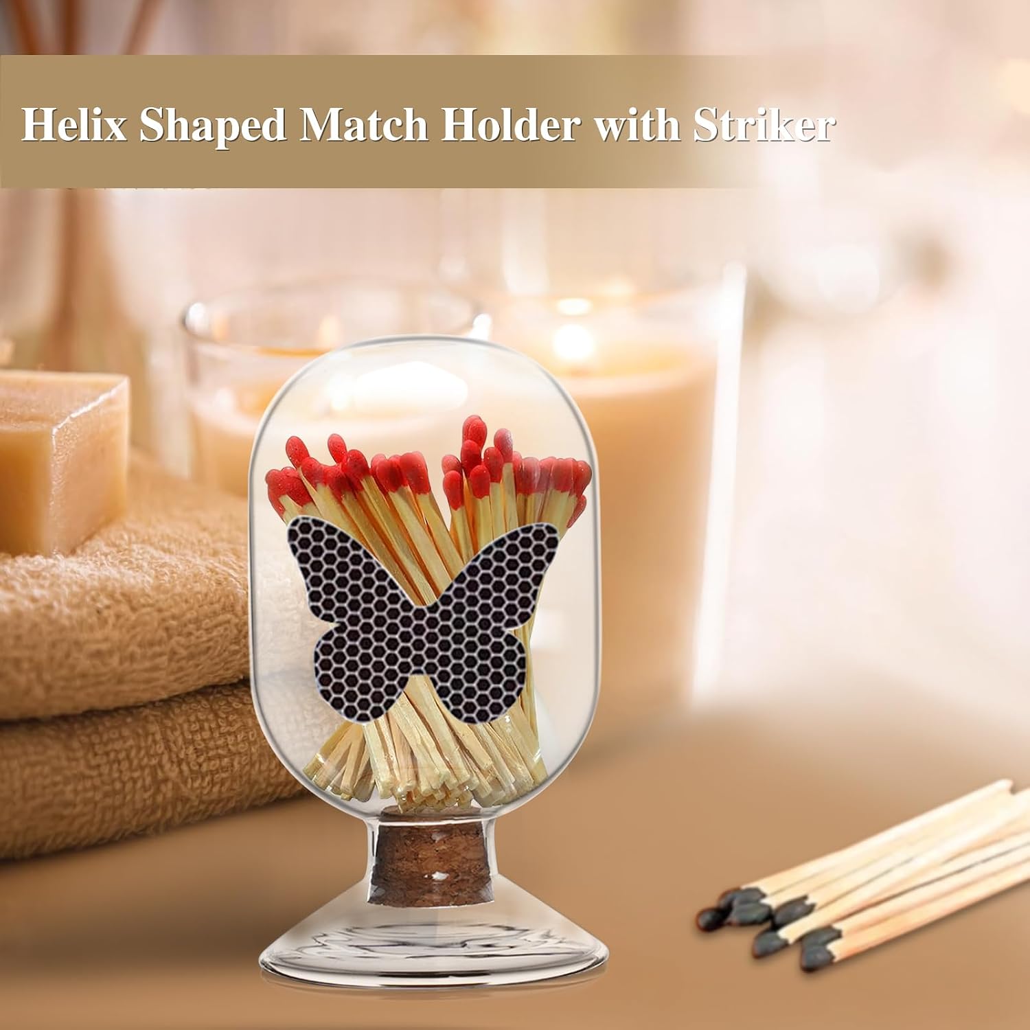 Glass Match Holder Jar with Striker, Decorative Glass Container for Matches for Bathroom Fireplace and Home Display (Simple)