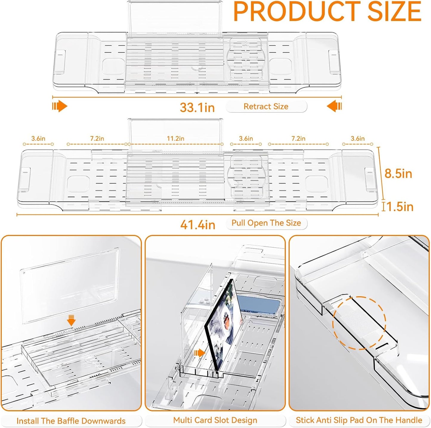 Yieach Luxury Clear Bathtub Shelf Across Tub,Expandable Plastic Bathtub Tray Over The Tub Bath Caddy,Free Standing Bath Table Board & Accessories for Women Relaxing with Reading Book and Ipad Holder