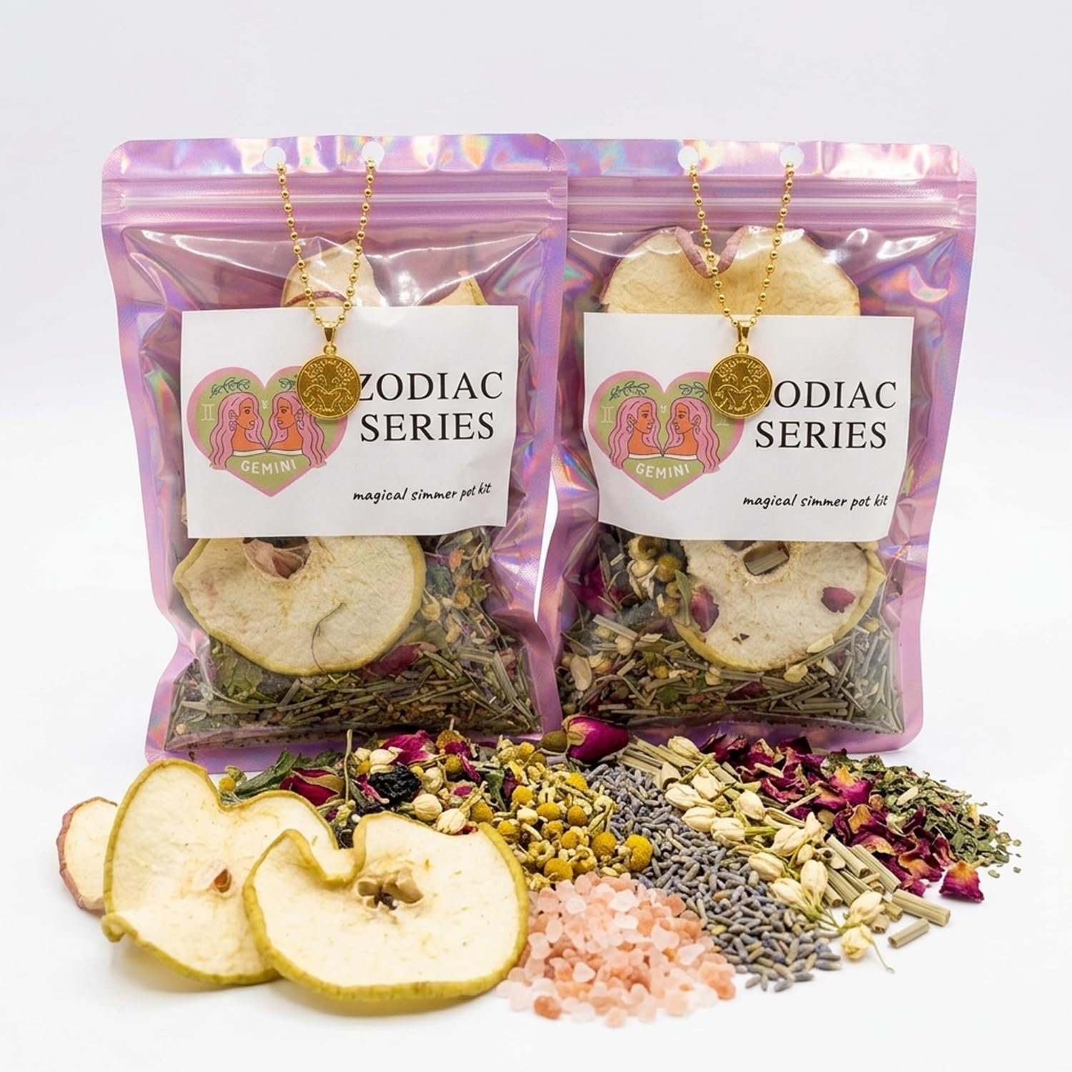 Gemini Zodiac Simmer Pot Kit - Magical Stovetop Potpourri with Dried Apple & Pear Slices, Rose Petals, Lavender & Chamomile - Himalayan Pink Salt & Lemongrass - Astrology Gift for Her