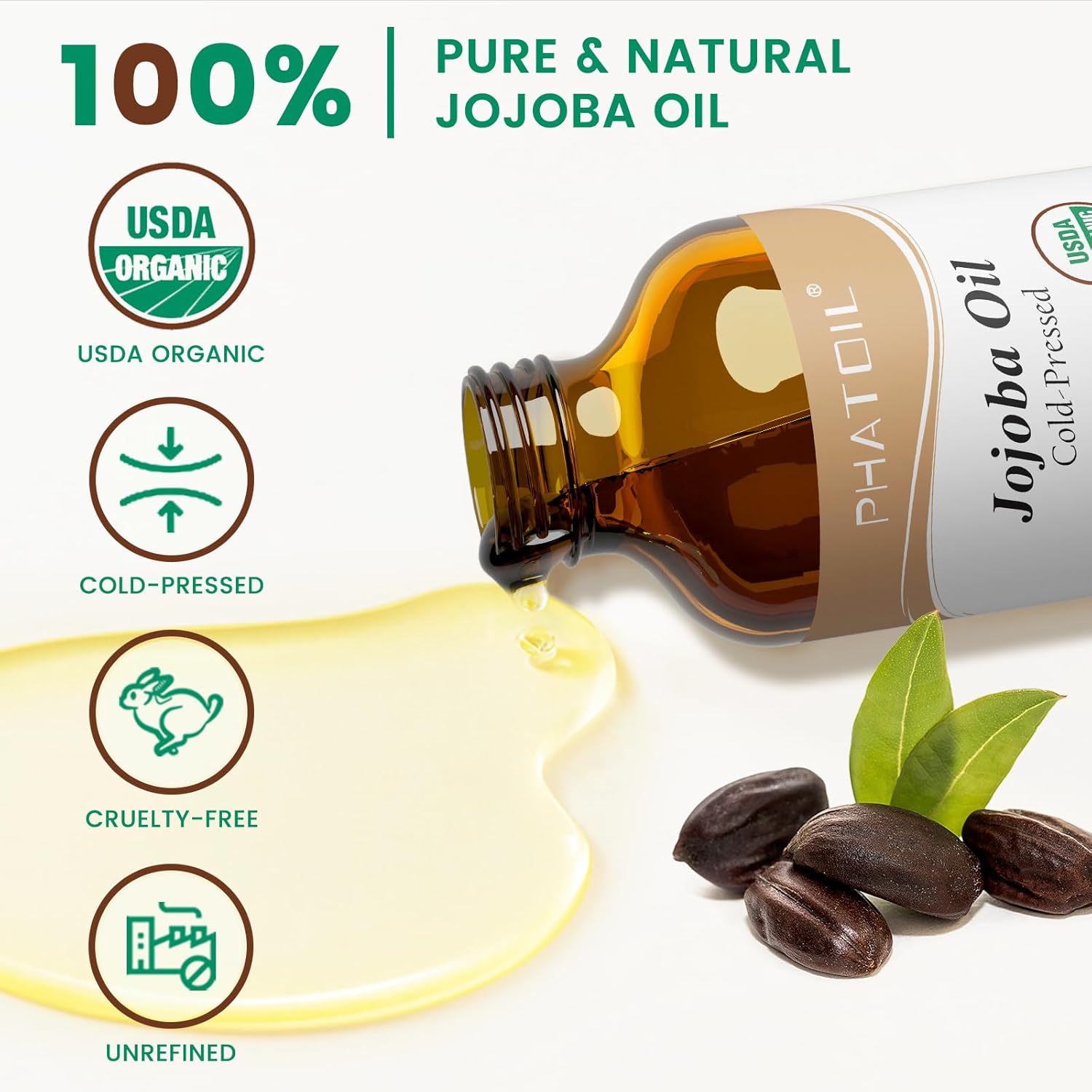 PHATOIL Organic Jojoba Oil Cold Pressed USDA Certified Premium Grade Jojoba Oil Deeply Moisturizing Carrier Oils for Skin, Body, Face, Nails and Hair Growth, Massage, Essential Oils Mixing(118ML)