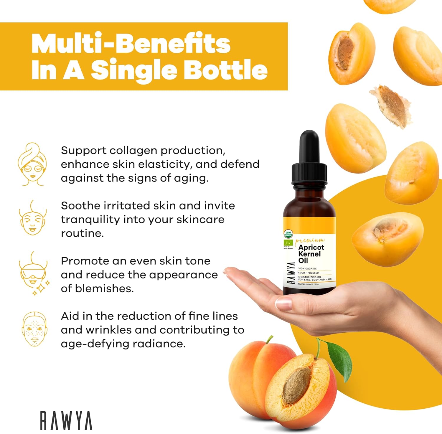 RAWYA Apricot Seed Oil - Cold-Pressed - USDA Organic, Unrefined - Premium Moisturizer Oil for Hair and Skin - Lightweight Texture - Rich in Vitamins A & E - All Skin Type - Glass Bottle - 1.7 Oz
